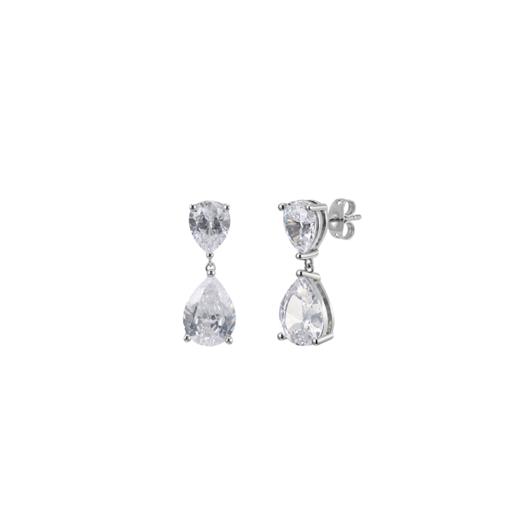 Monroe Earrings in rhodium plated brass with two pear-cut cubic zirconia drops