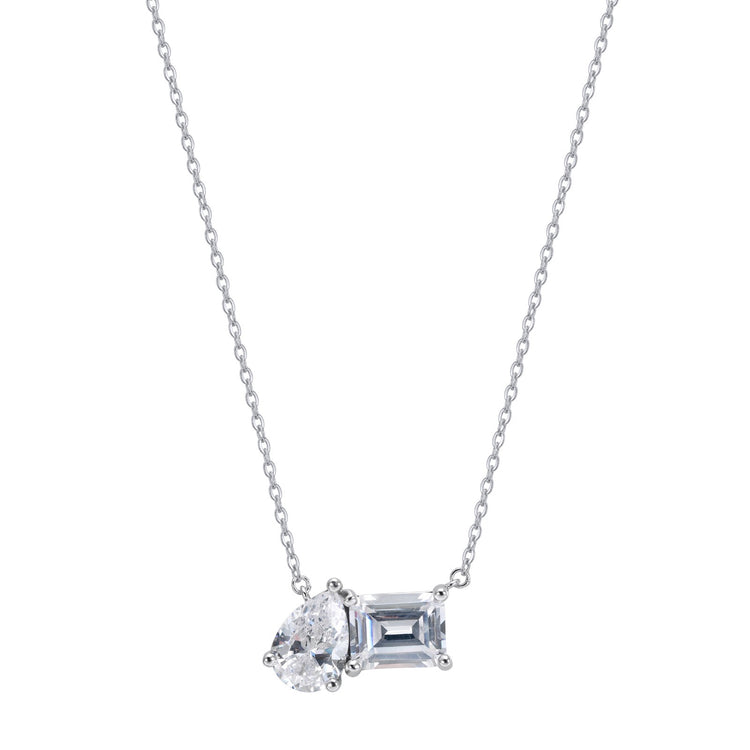 Roux Necklace, pear-cut and emerald-cut cubic zirconia on a rhodium plated brass chain
