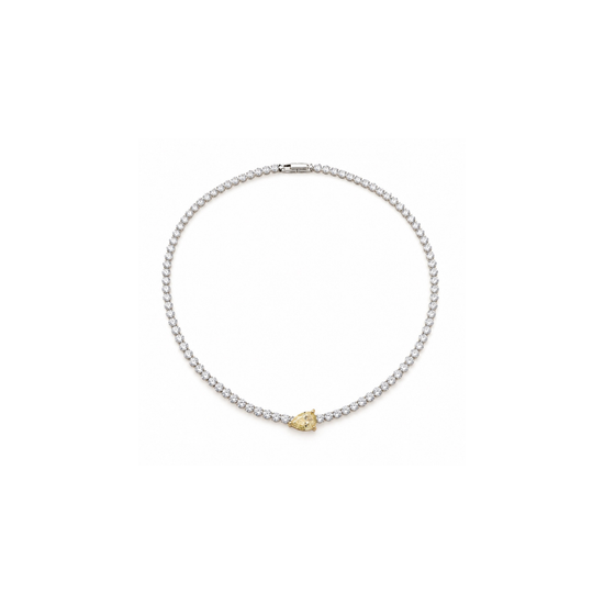 Fawnie Necklace in Canary, pear-cut Canary centre stone in a 14K gold plated setting on a silver-tone tennis chain