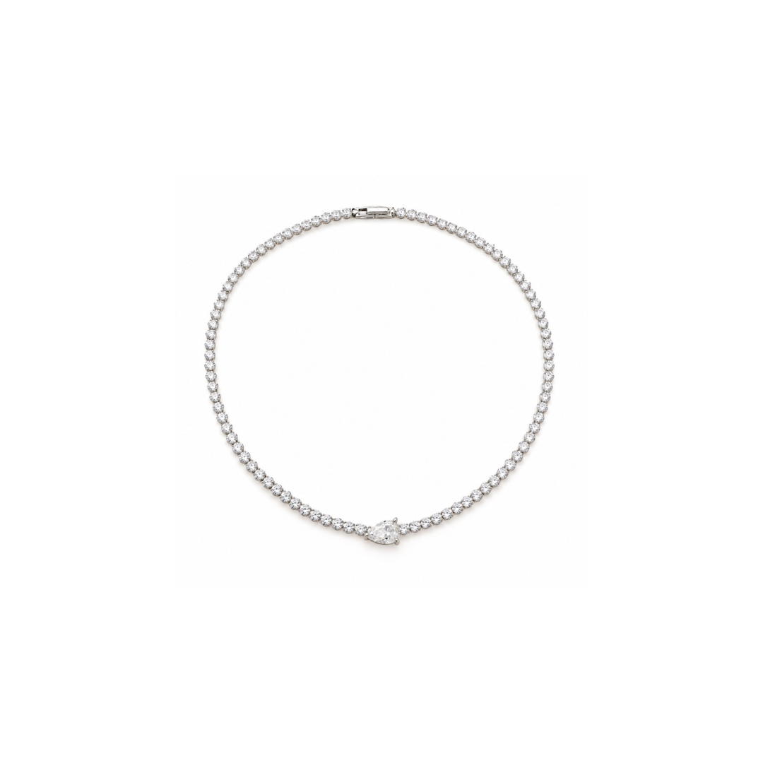 Fawnie Necklace in White, pear-cut White centre stone on a polished silver-tone tennis chain