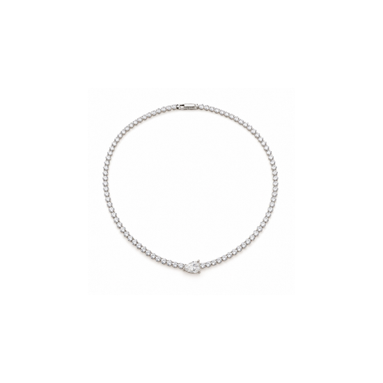 Fawnie Necklace in White, pear-cut White centre stone on a polished silver-tone tennis chain