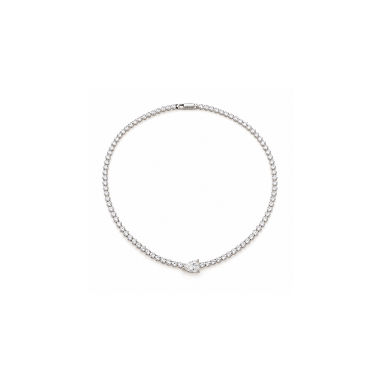 Fawnie Necklace in White, pear-cut White centre stone on a polished silver-tone tennis chain