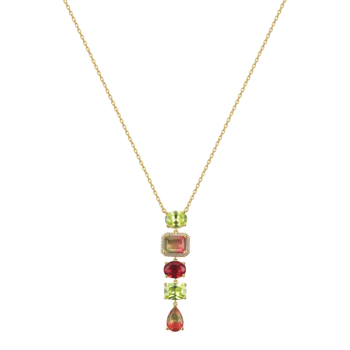 Rogue Necklace, five multicoloured cubic zirconia on a 14K gold plated brass chain