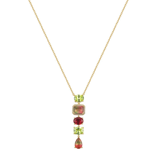 Rogue Necklace, five multicoloured cubic zirconia on a 14K gold plated brass chain