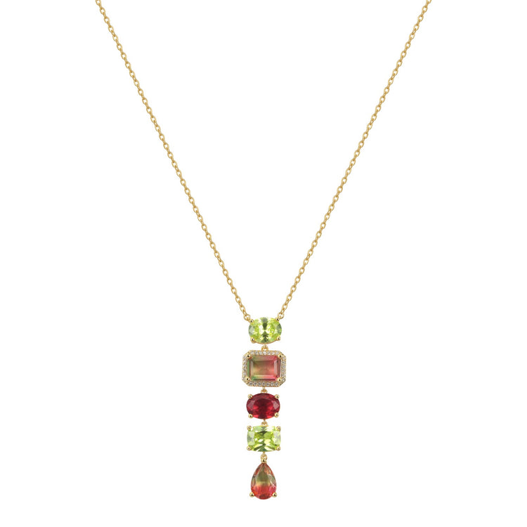 Rogue Necklace, five multicoloured cubic zirconia on a 14K gold plated brass chain