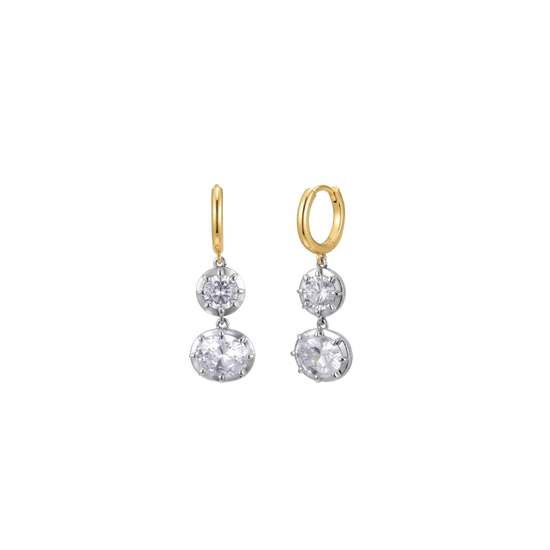 Sloane Earrings, 14K gold plated hoops with round and oval-cut cubic zirconia in rhodium plated settings