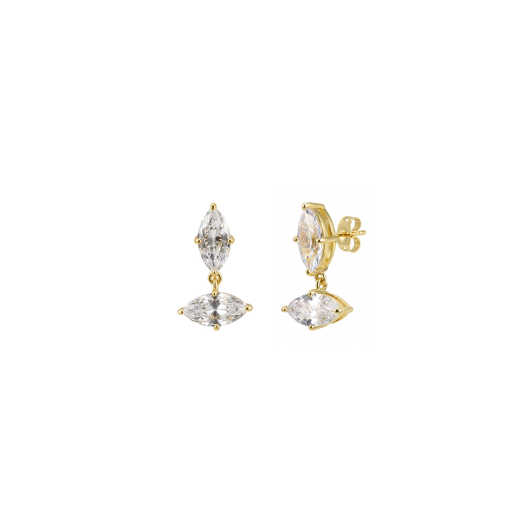 Raine Earrings, 14K gold plated brass drops with two marquise-cut cubic zirconia