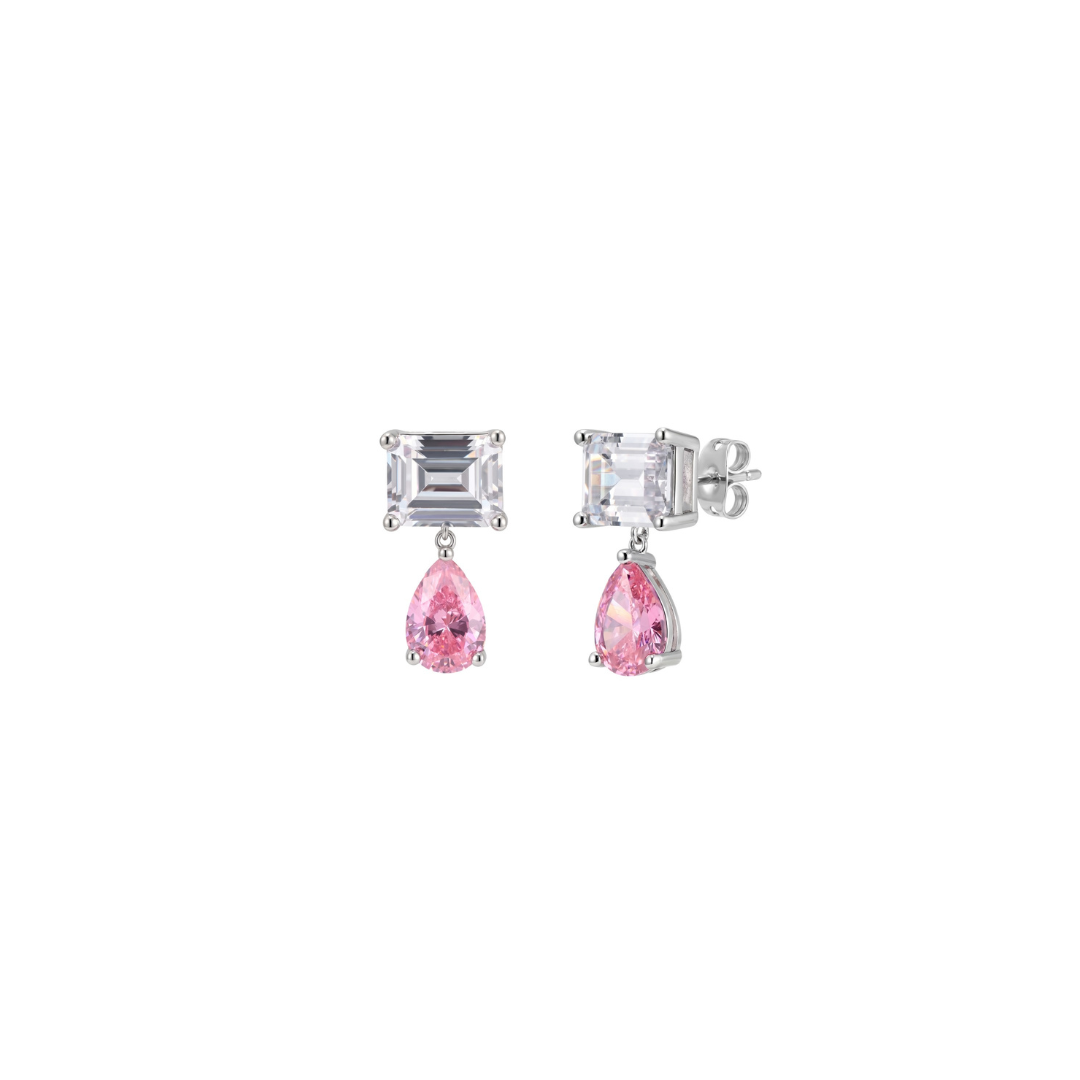 Blair Earrings in rhodium plated brass with an emerald-cut stone and pink pear-cut drop