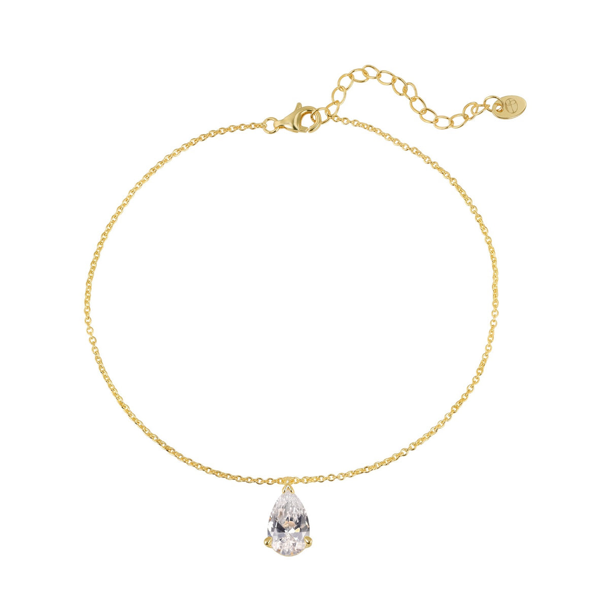Leni Anklet, 14K gold plated brass chain with a pear-cut cubic zirconia drop
